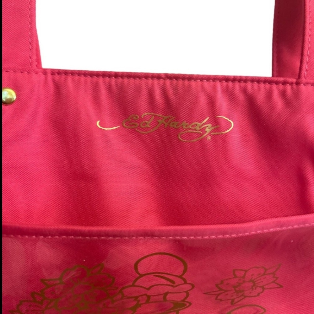 Ed Hardy Pink Leather Tote Bag with Glossy Finish